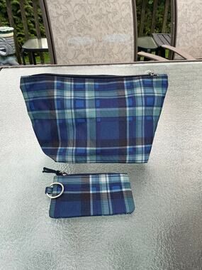 Blue Plaid 2 Piece Cosmetic Travel Pouch Set